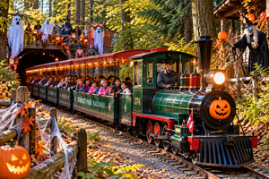 Miniature train carries families through a spooky decorated forest in Stanley Park.