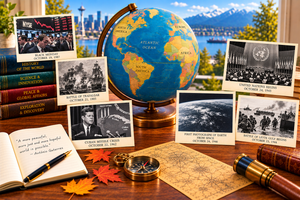 Antique globe surrounded by historical photographs of major world events