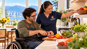 Wheelchair user prepares a meal with assistance from a home caregiver.