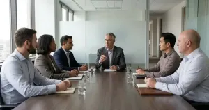 A boardroom table with six people sitting around it. The person at the head of the table is speaking, and everyone else is sitting there quietly. 