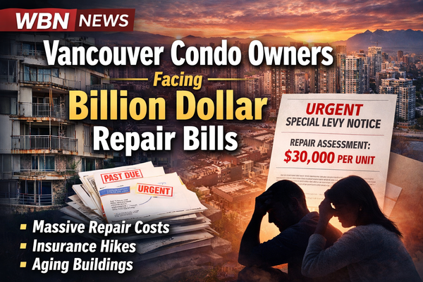 Vancouver condo skyline with urgent special levy notice showing $30,000 repair assessment per unit, highlighting rising strata repair costs and insurance hikes.