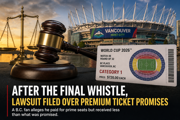 Judge's gavel, BC Place, and a premium World Cup ticket representing a B.C. lawsuit over ticket sales.
