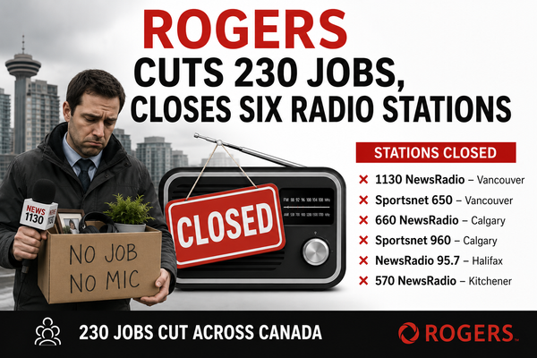 Graphic showing Rogers cutting 230 jobs and closing six Canadian radio stations with a laid-off radio reporter.