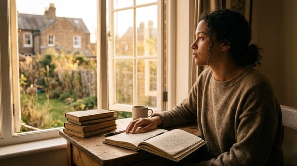A woman sitting at a desk with an open journal in front of her. She's staring pensively out an open window into an overgrown garden, deep in thought. 