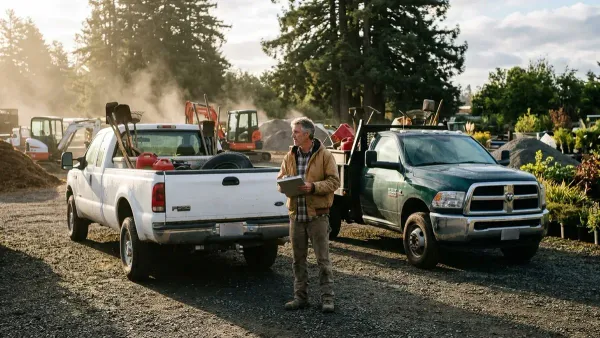 The leader of a landscaping crew, standing in front of two trucks at the yard with a clipboard, preparing to load up for the day.