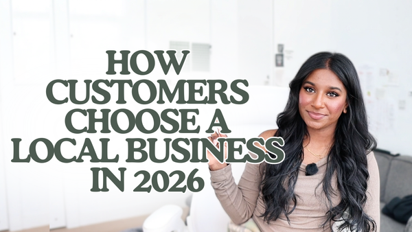 A woman with long dark wavy hair and a clip-on microphone smiles at the camera in a bright, softly lit room, gesturing to the side. Large green text beside her reads “How Customers Choose a L