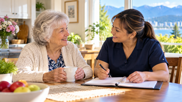 Senior and home caregiver discuss care together at a kitchen table.