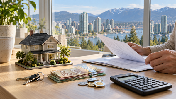 A couple reviews bills at a kitchen table with Vancouver and the North Shore mountains visible through the window.