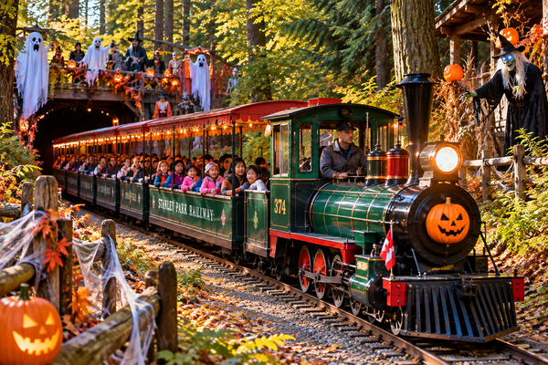 Miniature train carries families through a spooky decorated forest in Stanley Park.