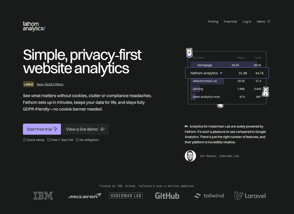 A screenshot of the Fathom Analytics webpage