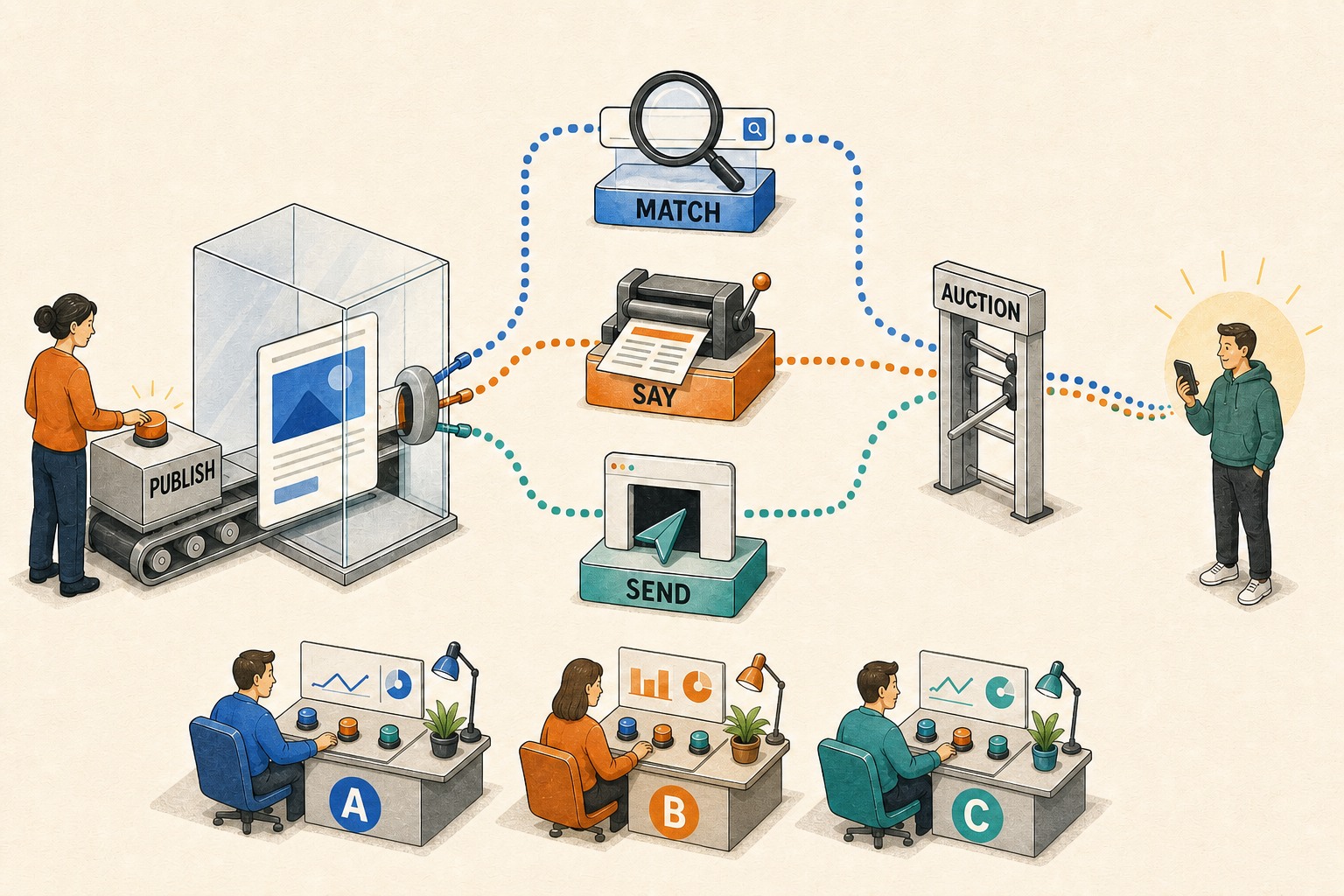 A web producer publishes a page into a switchyard. Three dotted routes lead separately to MATCH, SAY, and SEND, pass through an AUCTION turnstile, and reach a searcher. Below, campaign desks A, B, and C each have their own blue, orange, and teal controls; there is no website-wide master switch.