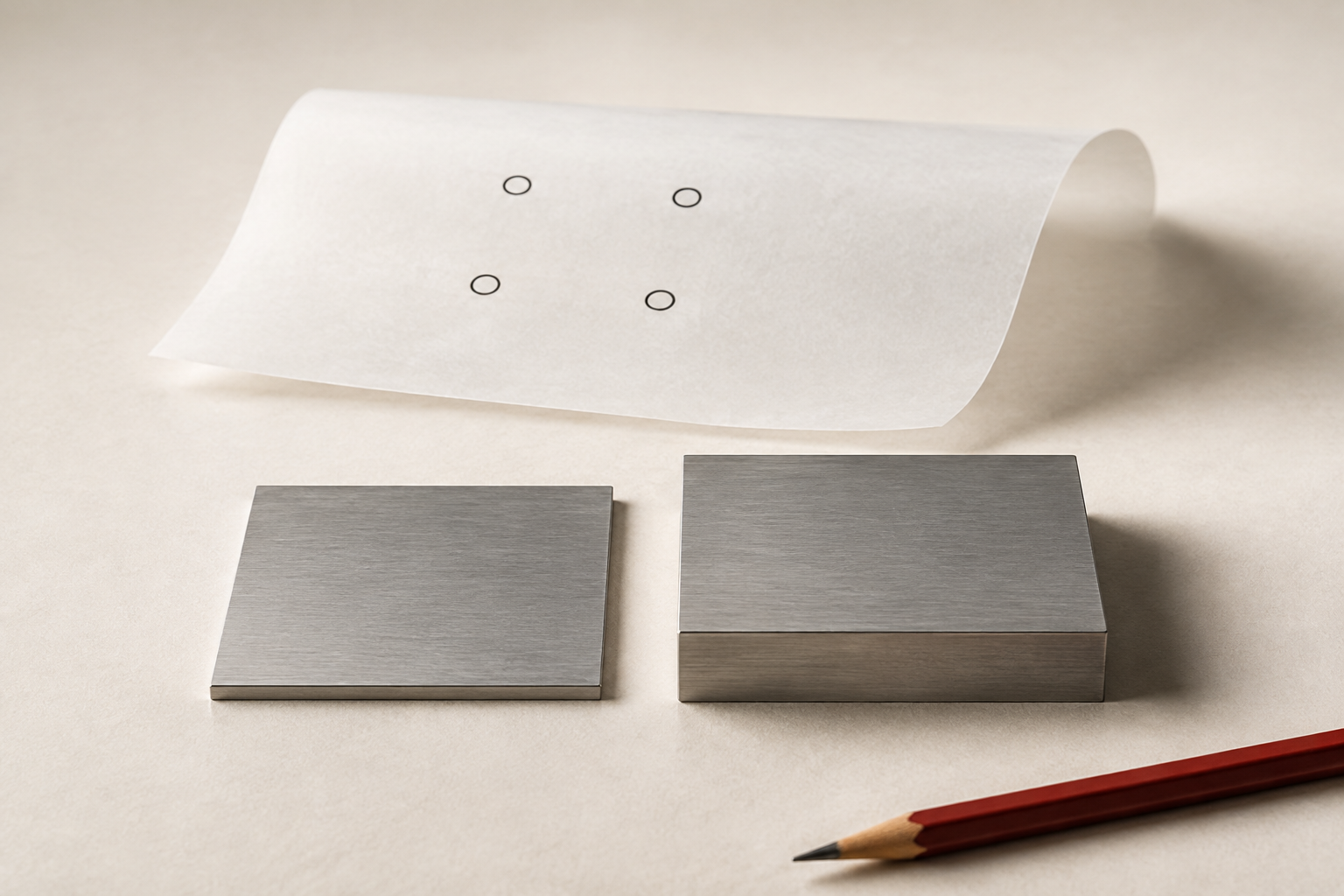 Four circles drawn on translucent paper hover above two solid square steel blanks, one thin and one thick. The drawing has not yet become either part.