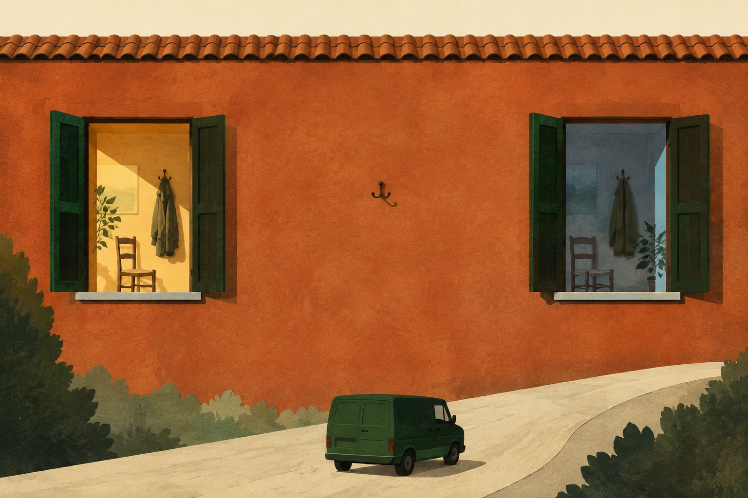 Two open windows in a terracotta wall show the same room in warm and cool light. An empty coat hook hangs in the broad wall between them; a small service van follows the road below.