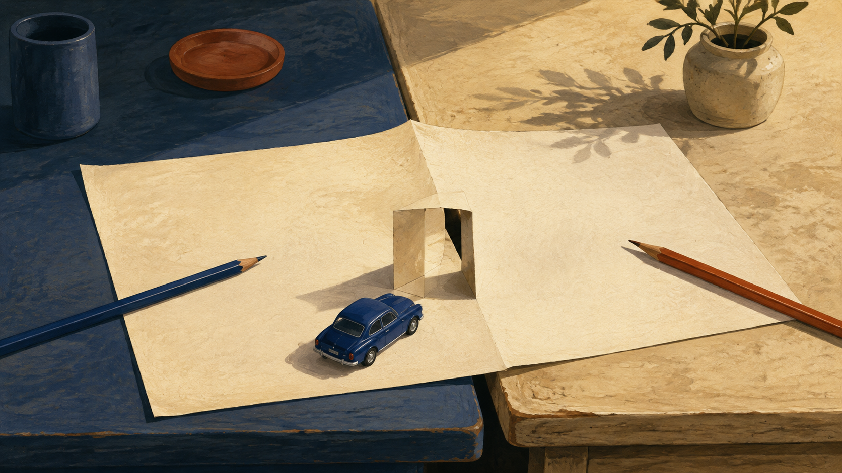 A blue toy car faces a doorway folded into blank paper spanning two desks. A pencil lies on each side of the sheet.