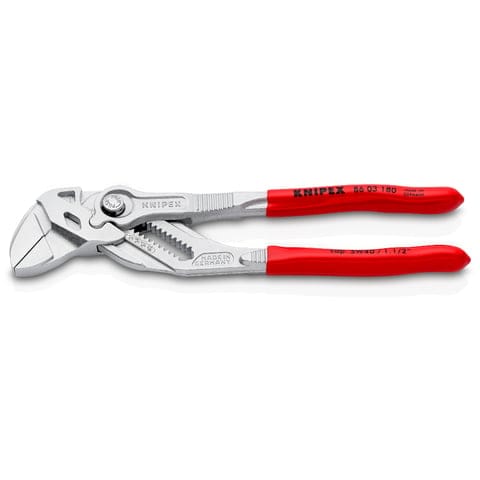 Knipex 86 03 180: chrome-colored adjustable jaws and two red handles, photographed alone on white.