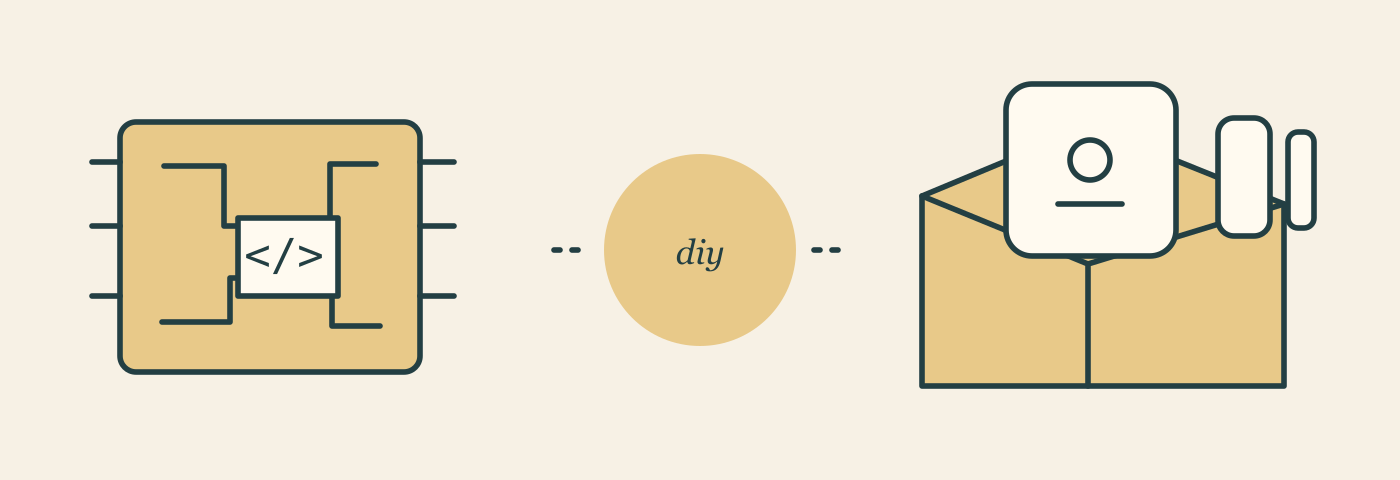 A circuit board and code on one side; a boxed alarm with ready-made sensors on the other.