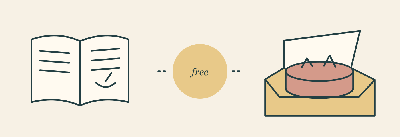 An open recipe book opposite a boxed cake; the same word free belongs to a price request in one and an ingredient requirement in the other.