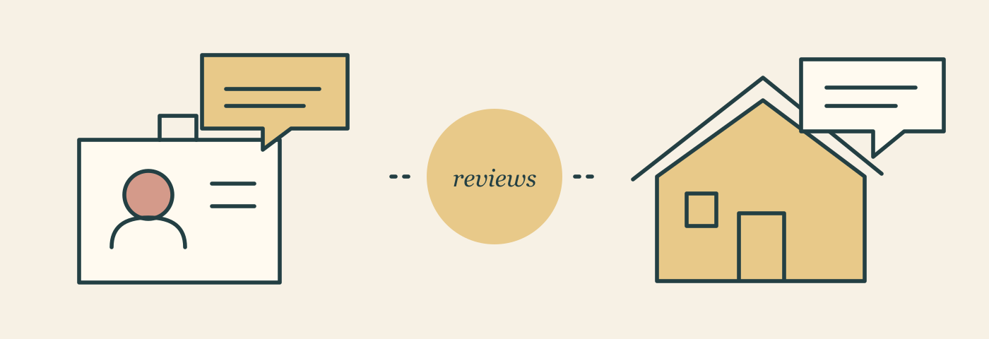 A worker badge under a review speech bubble on one side; a house under a review bubble on the other.