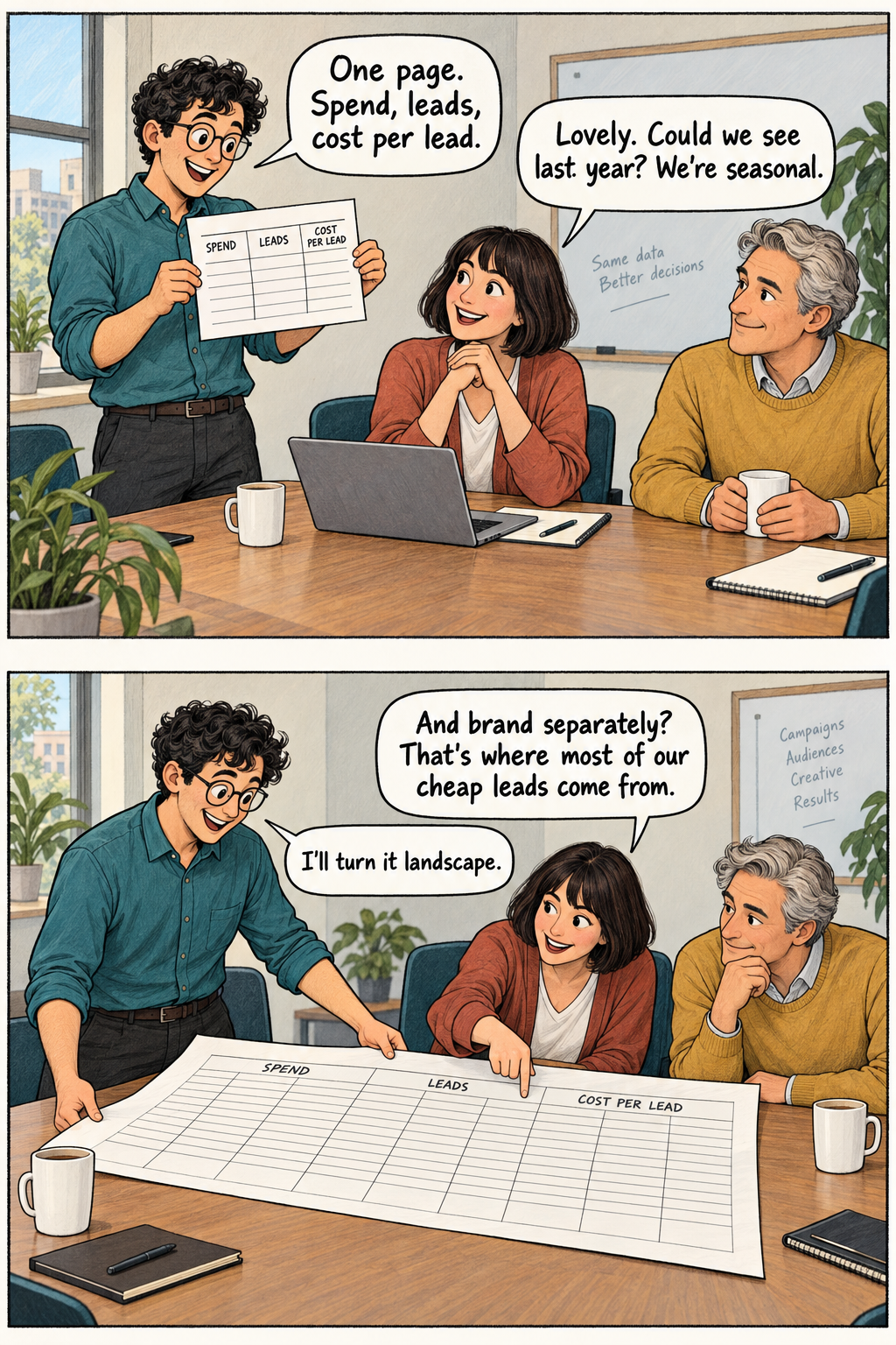 Panels 1–2. A small PPC report becomes a wide landscape sheet after requests for last year's figures and a brand split. Complete dialogue and descriptions follow in the comic transcript.