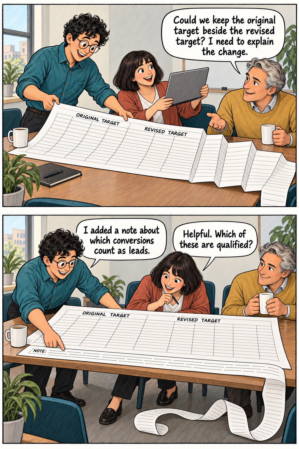 Panels 3–4. Original and revised targets extend the report across the table; a conversion-definition note curls onto the floor.