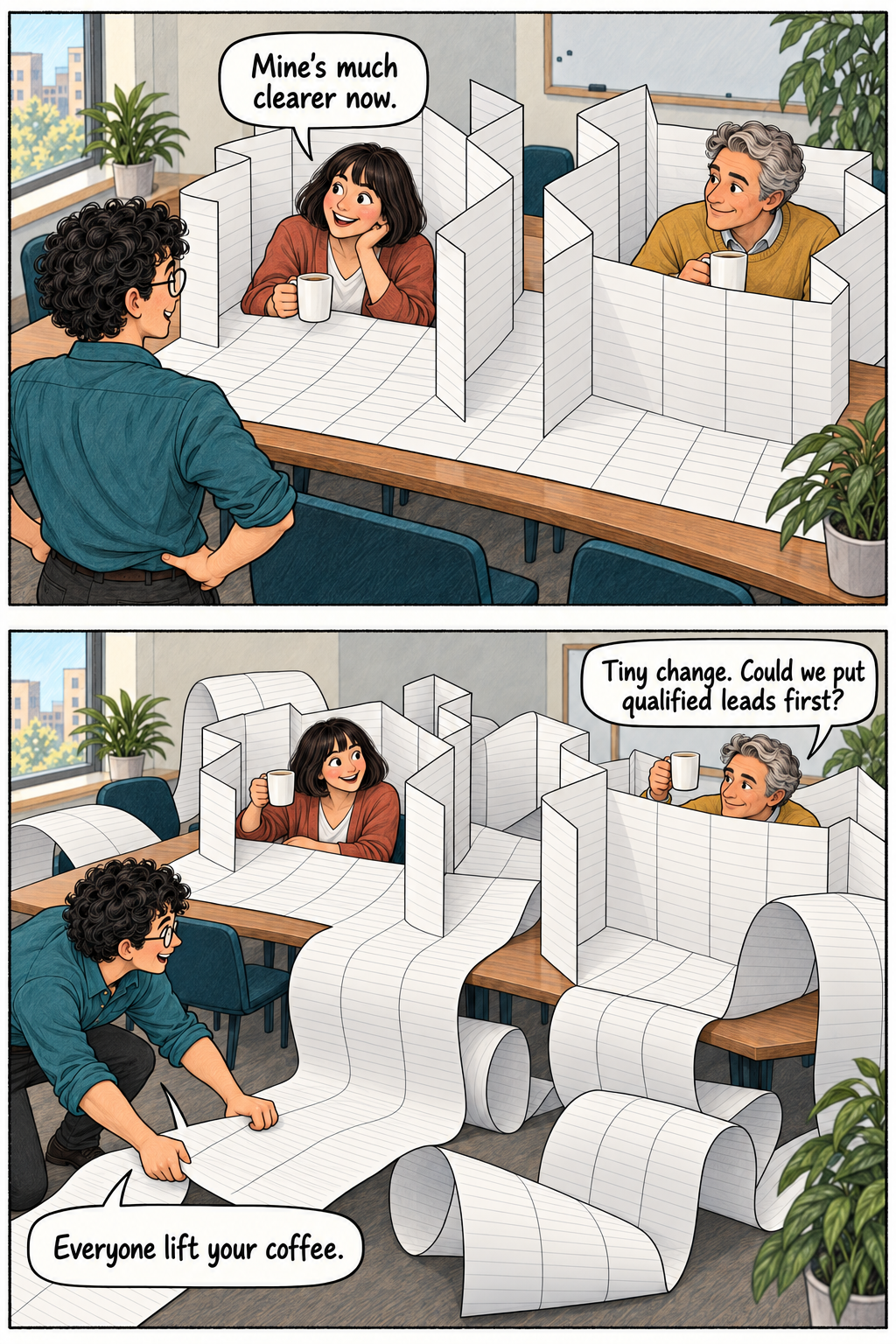 Panels 7–8. The report forms private booths. A small request to move one column has the operator preparing to pull the whole sheet while everyone lifts their coffee.