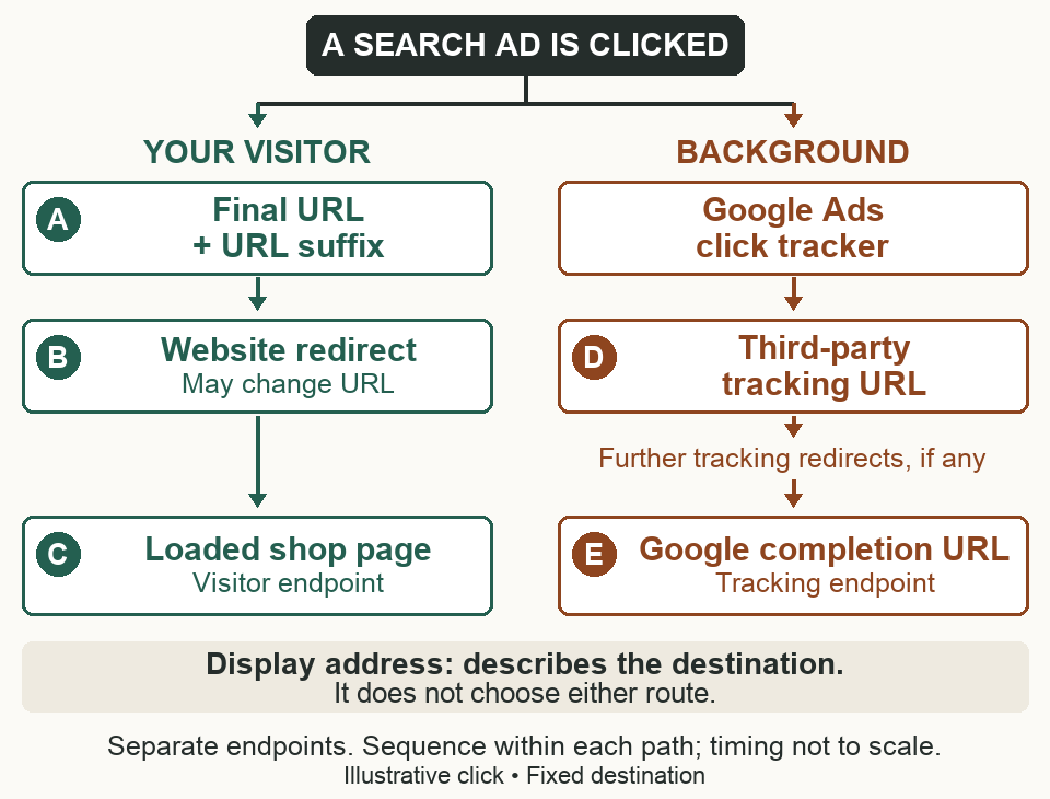 An actual Search ad click starts two paths. The visitor goes to A, the final URL plus suffix; through B, a website redirect; and reaches C, the loaded page. Separately, background measurement goes through the Google Ads click tracker, D, the third-party tracking URL and any further tracking redirects, then E, the Google completion URL. The two paths do not rejoin. A detached note explains that the display address describes the destination but does not choose either route.
