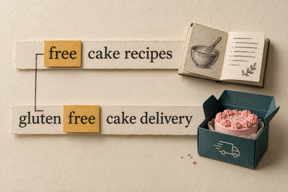 Two paper search strips read free cake recipes and gluten free cake delivery; the same word free accompanies a recipe booklet in one and a delivered cake in the other.