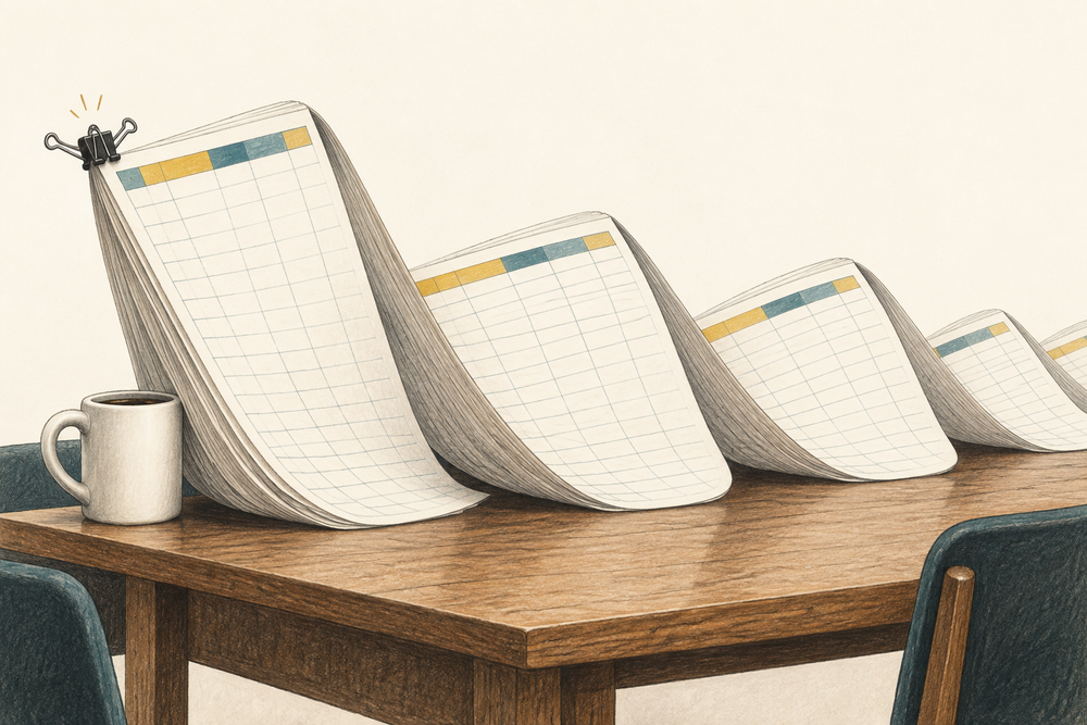 A small black binder clip strains to hold a vast, curling stack of ruled reporting paper.