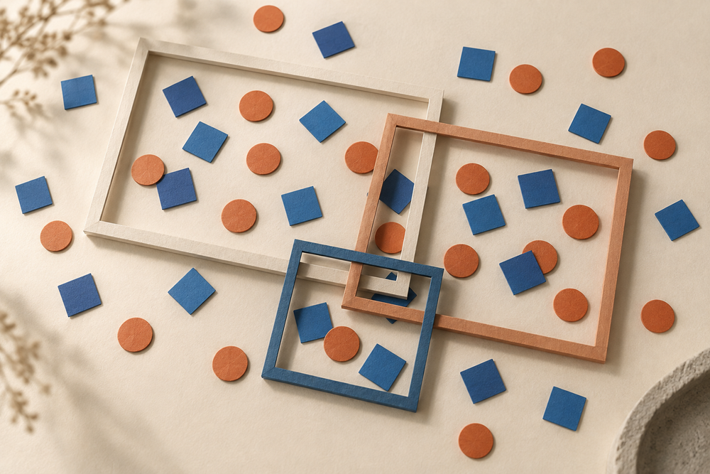 Three overlapping paper frames enclose different groups of blue squares and orange circles scattered across a cream surface.