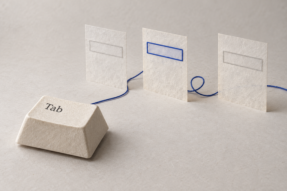 A paper Tab key leads by a blue thread through three translucent form panels; the middle field has a blue focus outline.