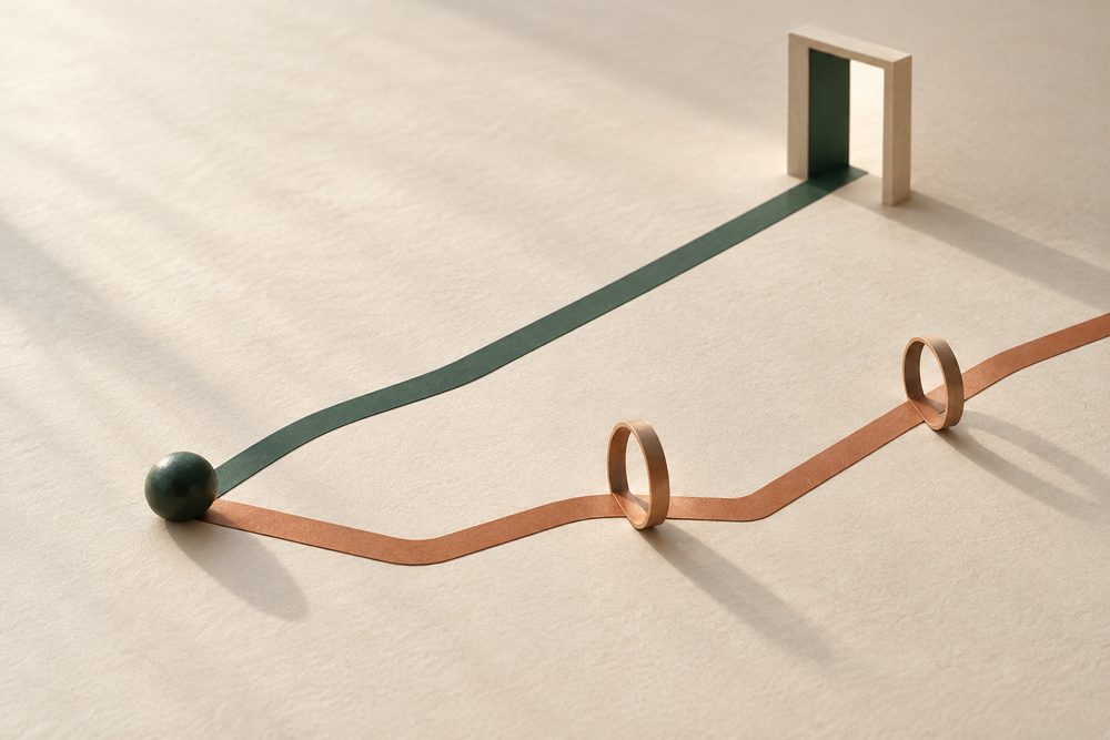 A dark green sphere sits where green and copper paths diverge. The green path reaches an open doorway; the copper path passes through two separate hoops.
