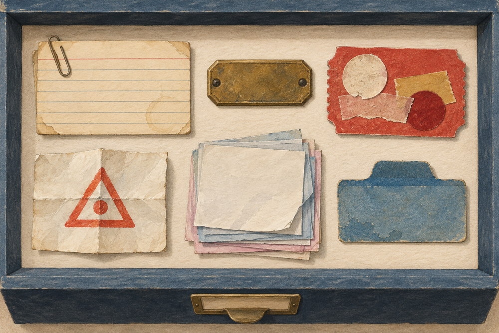An imagined museum drawer preserves six office relics: an index card, brass plate, sale ticket, warning note, paper stack and blue file tab.