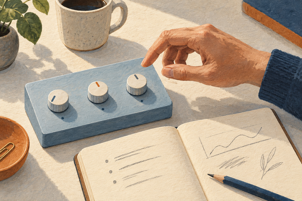 Painted illustration of a hand hovering above an adjustment knob, beside an open notebook of observations.