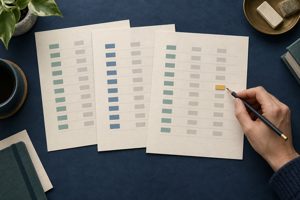 Three paper ledgers overlap on a blue desk as a hand with a pencil studies one displaced ochre mark.
