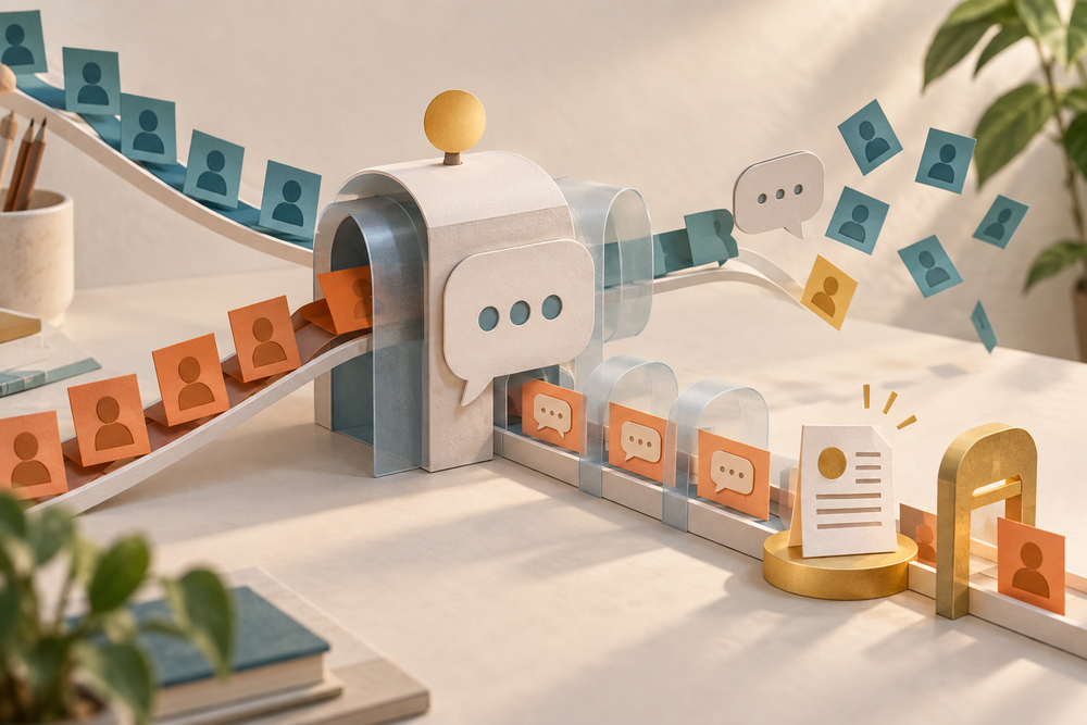 Two streams of paper user cards enter a chatbot machine. Teal cards scatter after a brief exchange, including one gold card; orange cards continue toward a finished page.