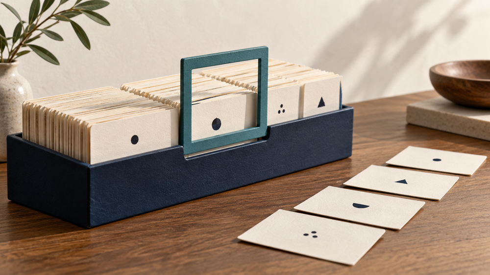A teal selection frame highlights intact cream record cards in a navy tray, with loose cards arranged beside it.
