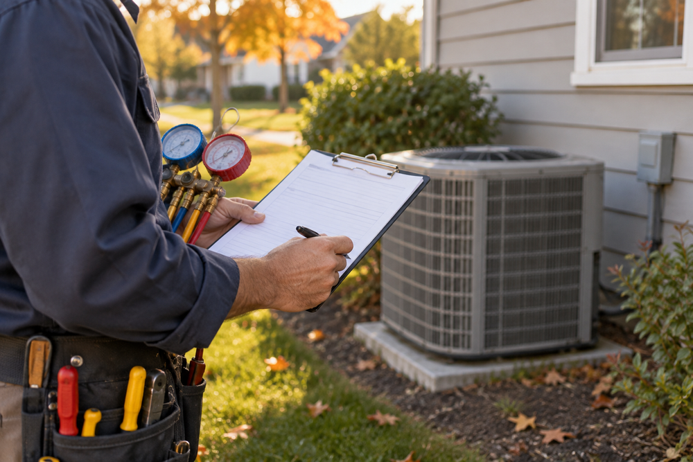 An HVAC technician reviews a blank service sheet beside an outdoor air-conditioning unit as early autumn leaves appear in the yard.