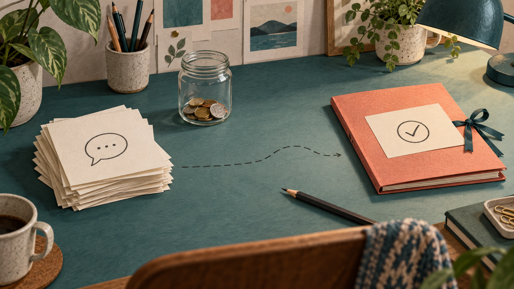 A finite jar of coins sits between a stack of enquiry cards and one signed project folder; a dashed pencil path separates a lead from a client.