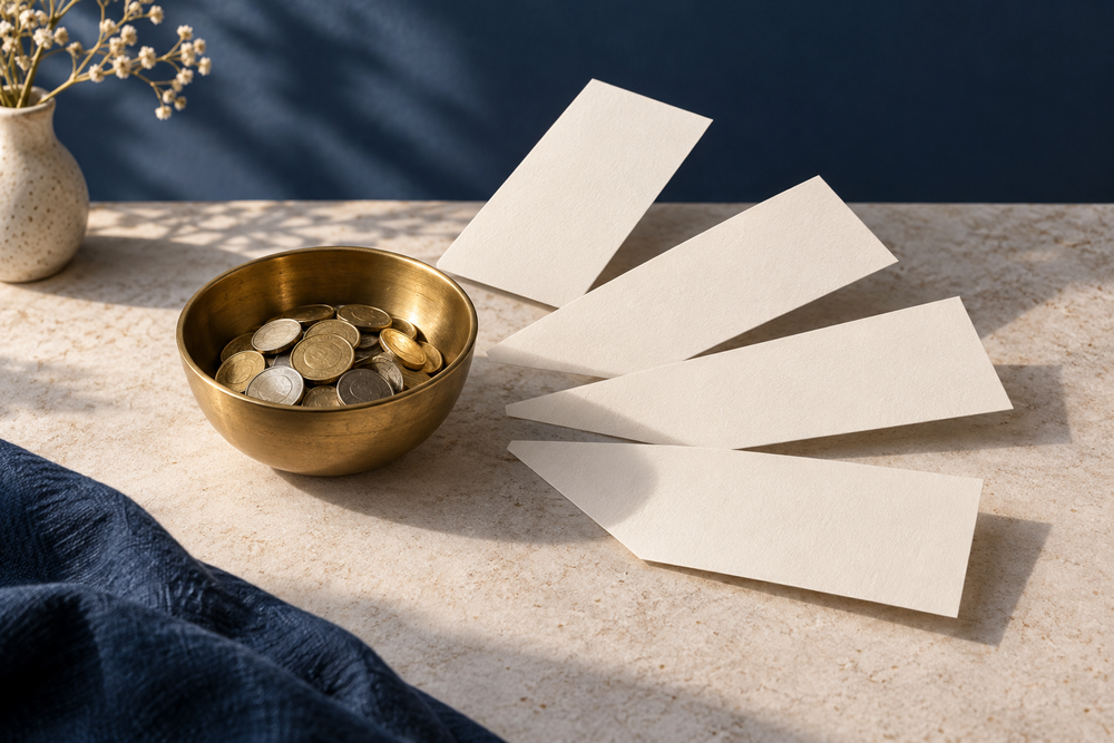 A single bowl of coins sits beside four blank message cards fanned out across a table.