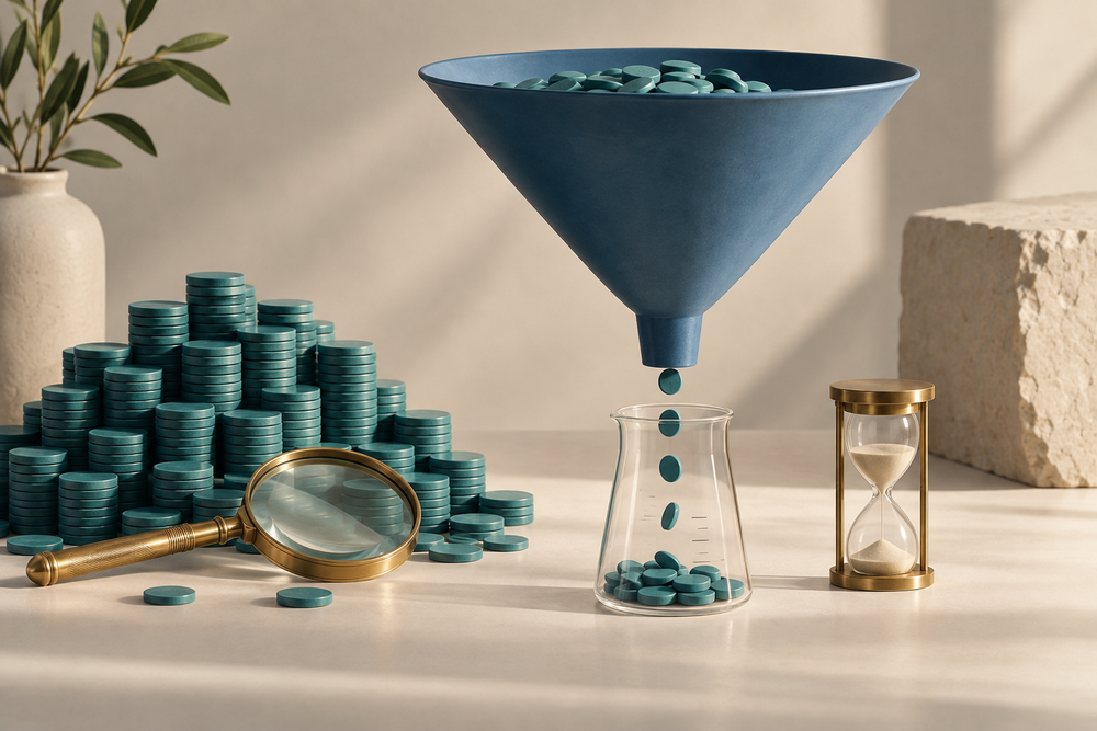 A large blue funnel releases teal discs into a smaller glass vessel beside a magnifying glass and sand timer, illustrating a budget transfer that needs measurement and time.