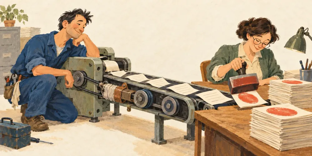 A mechanic admires a repaired conveyor carrying paper slips to an office clerk, who applies the same oversized stamp to each slip.
