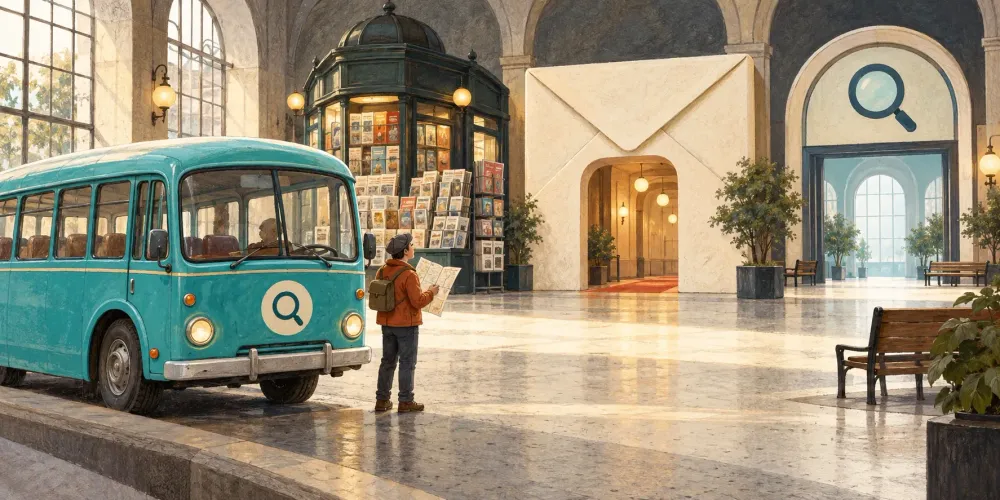 A turquoise bus marked with a magnifying glass stands beside a driver studying a map in a hall with a newspaper kiosk, an envelope doorway and a search doorway.