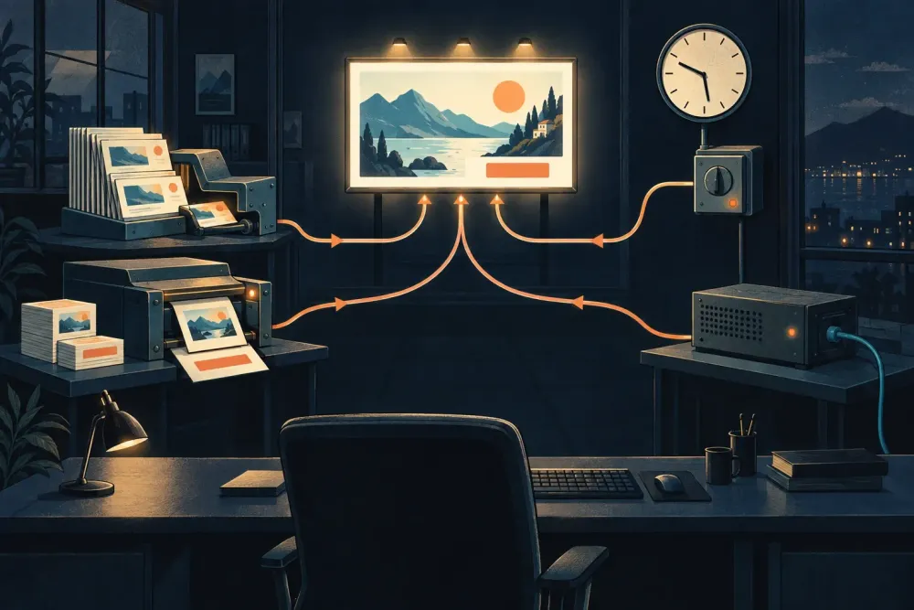 An empty advertising desk faces a lit ad display fed by four illustrative mechanisms: recommendation cards, an asset printer, a clock switch and a connected device.