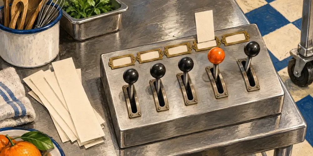 An illustrated stainless-steel control board has one blank paper slip fitted above an orange lever, while other slips remain loose beside it on a restaurant worktable.