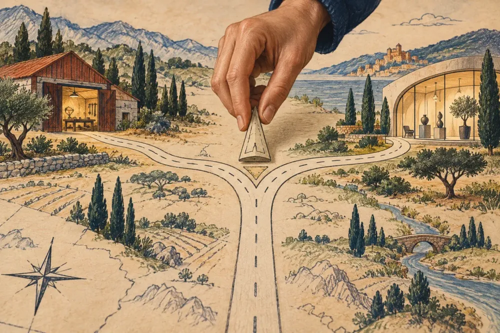 An illustrated hand holds a removable divider above a road that branches toward a workshop and a showroom.