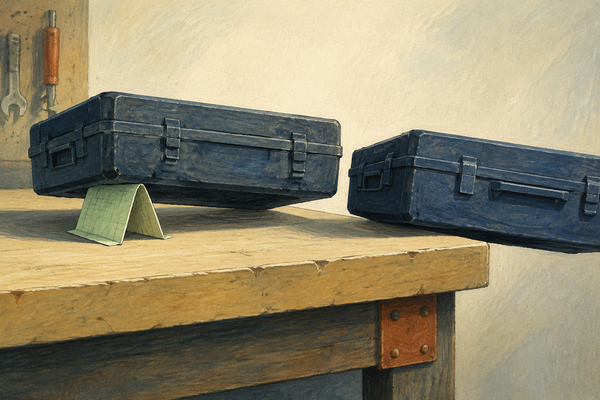 A little folded green receipt props up a heavy blue equipment case. Beside it, a second case extends past the workbench with empty space beneath it.