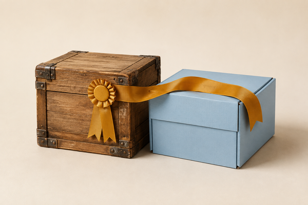 An award ribbon fastened to a worn wooden crate drapes across a pristine blue carton beside it.