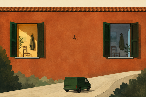 Two open windows in a terracotta wall show the same room in warm and cool light. An empty coat hook hangs in the broad wall between them; a small service van follows the road below.