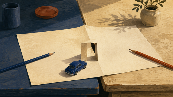 A blue toy car faces a doorway folded into blank paper spanning two desks. A pencil lies on each side of the sheet.