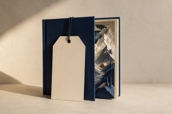 A blank price tag hangs over a blue book. Through its partly open cover, the pages become a miniature mountain landscape.
